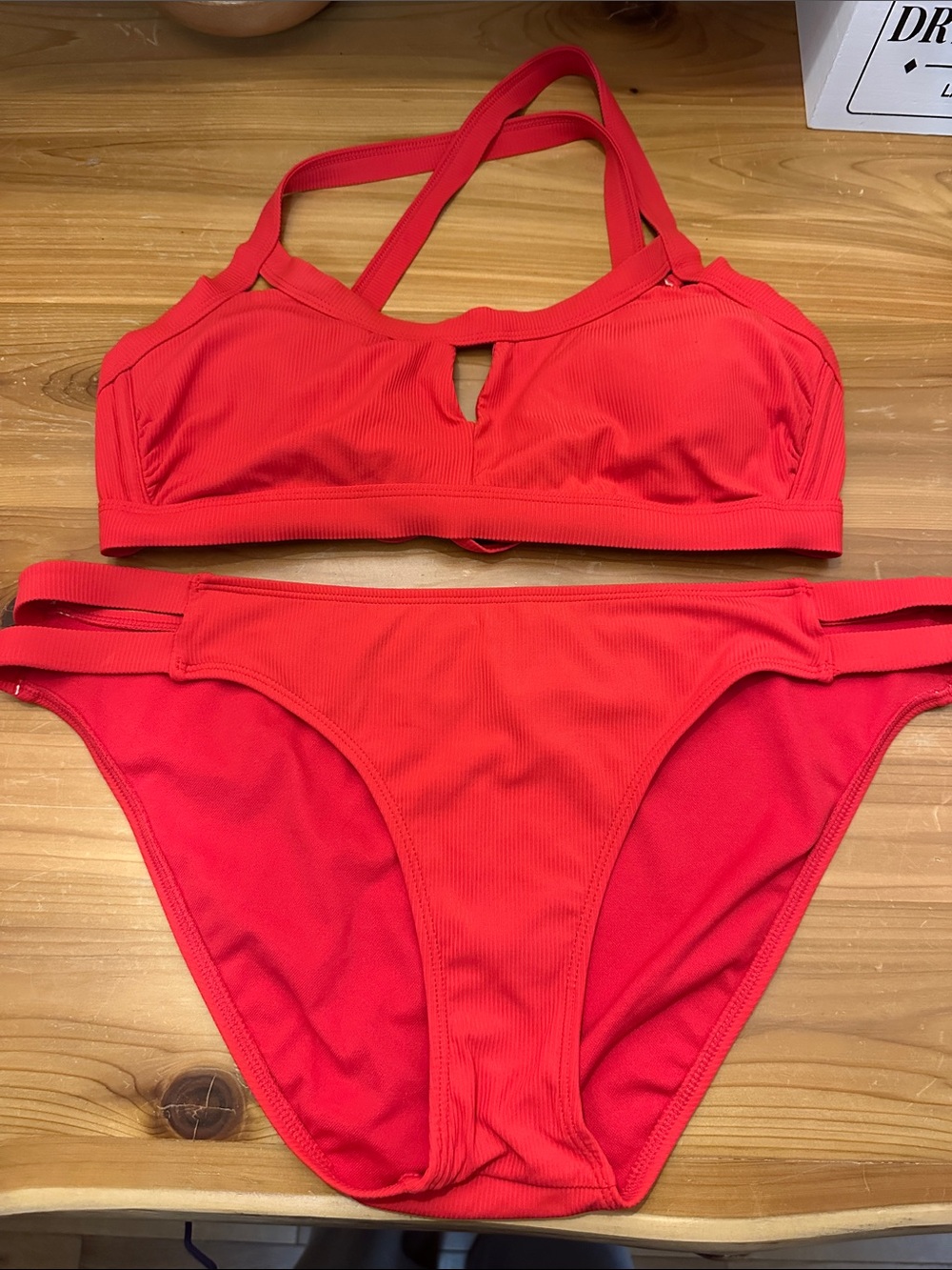Xhilaration Red Ribbed Strappy Bikini Set to D-DD